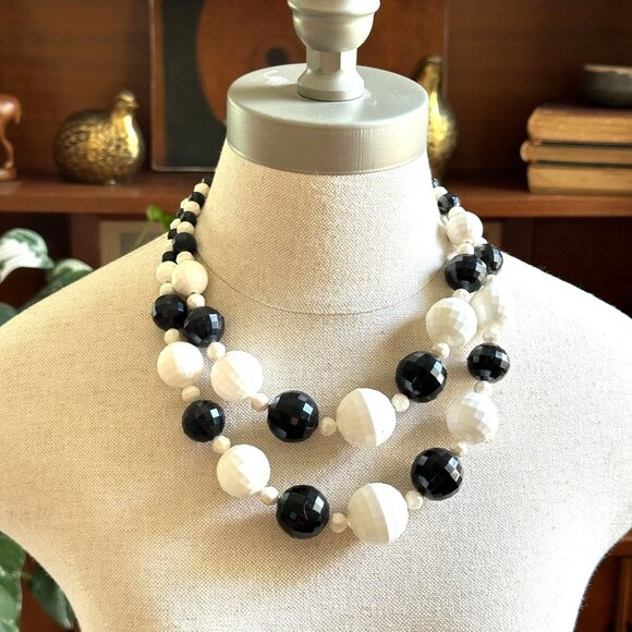 Vintage Black & White Double Strand Statement Necklace W/ Chunky Disco Ball Bead - Picture 2 of 6